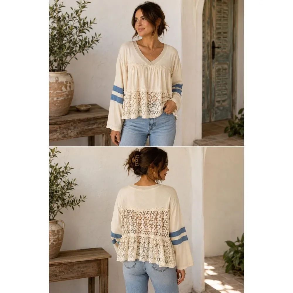 By Together Oversized Sporty Boho Top Floral Sheer Back Varsity Stripe Small